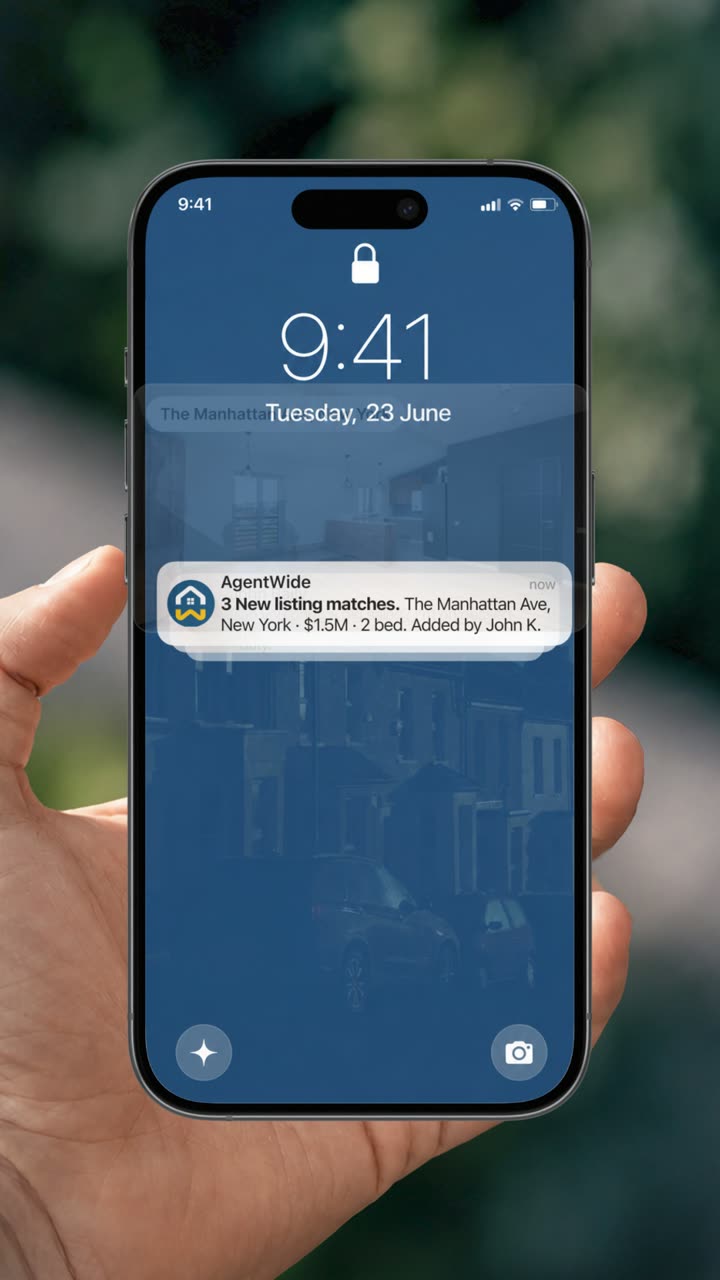 A new listing match notification on the AGENTWIDE app